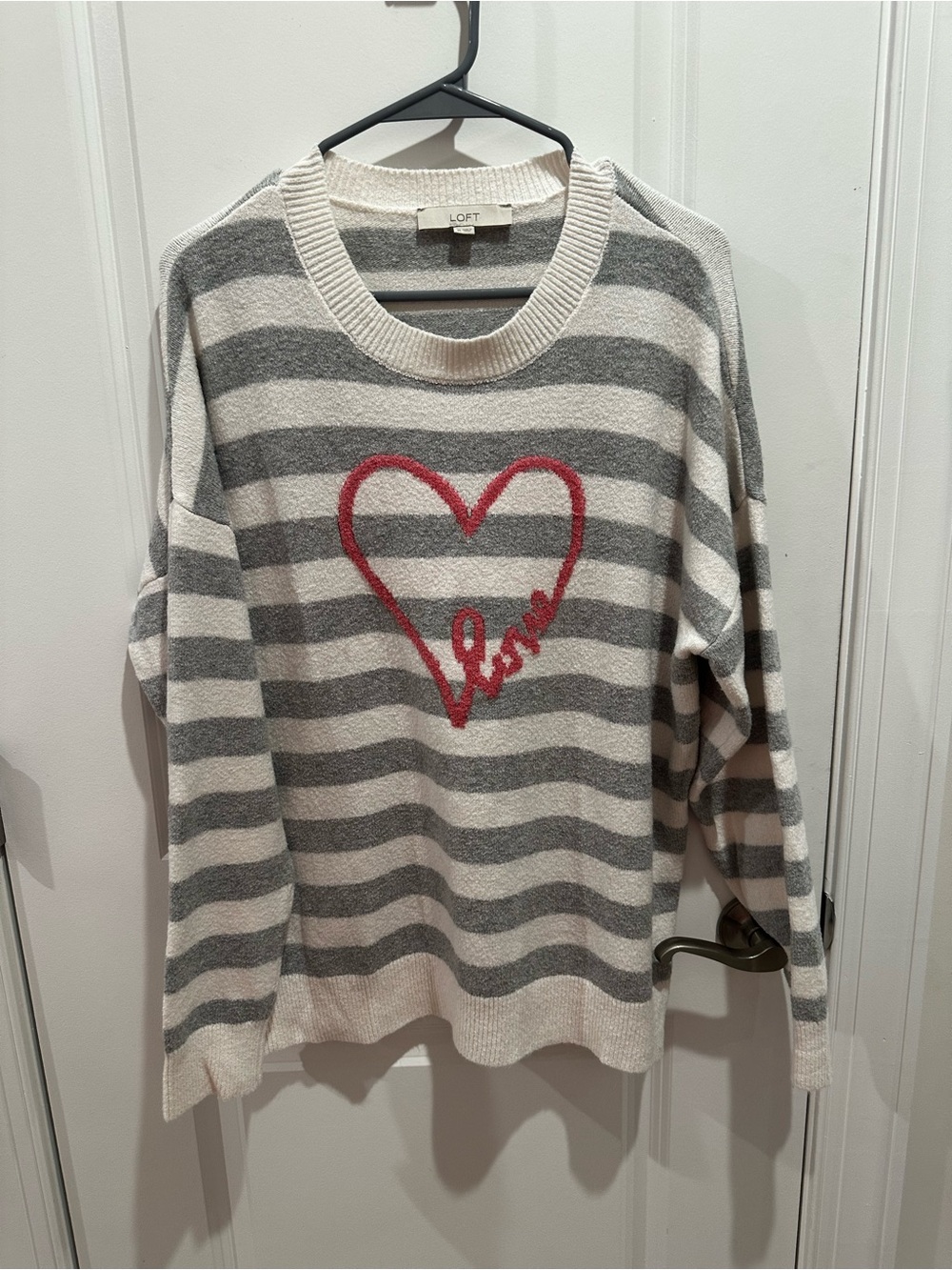 LOFT XL Striped Heart Sweater | Gray & Cream Knit